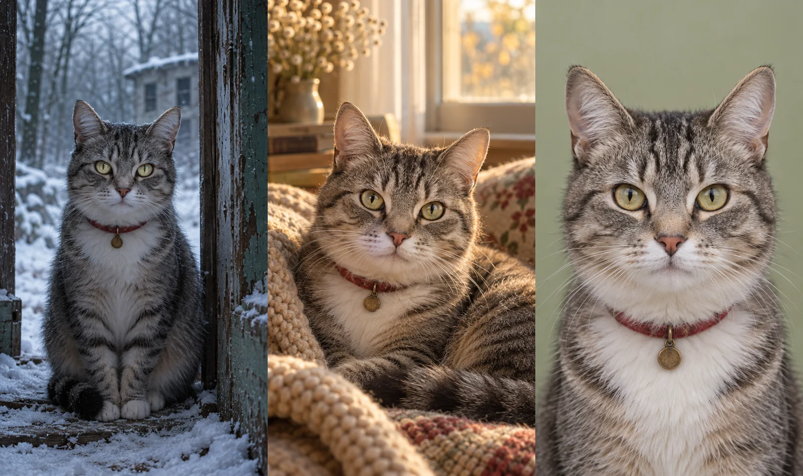 AI-created cat role illustration showing a cold doorway, a warm home memory, and a clear reference portrait.