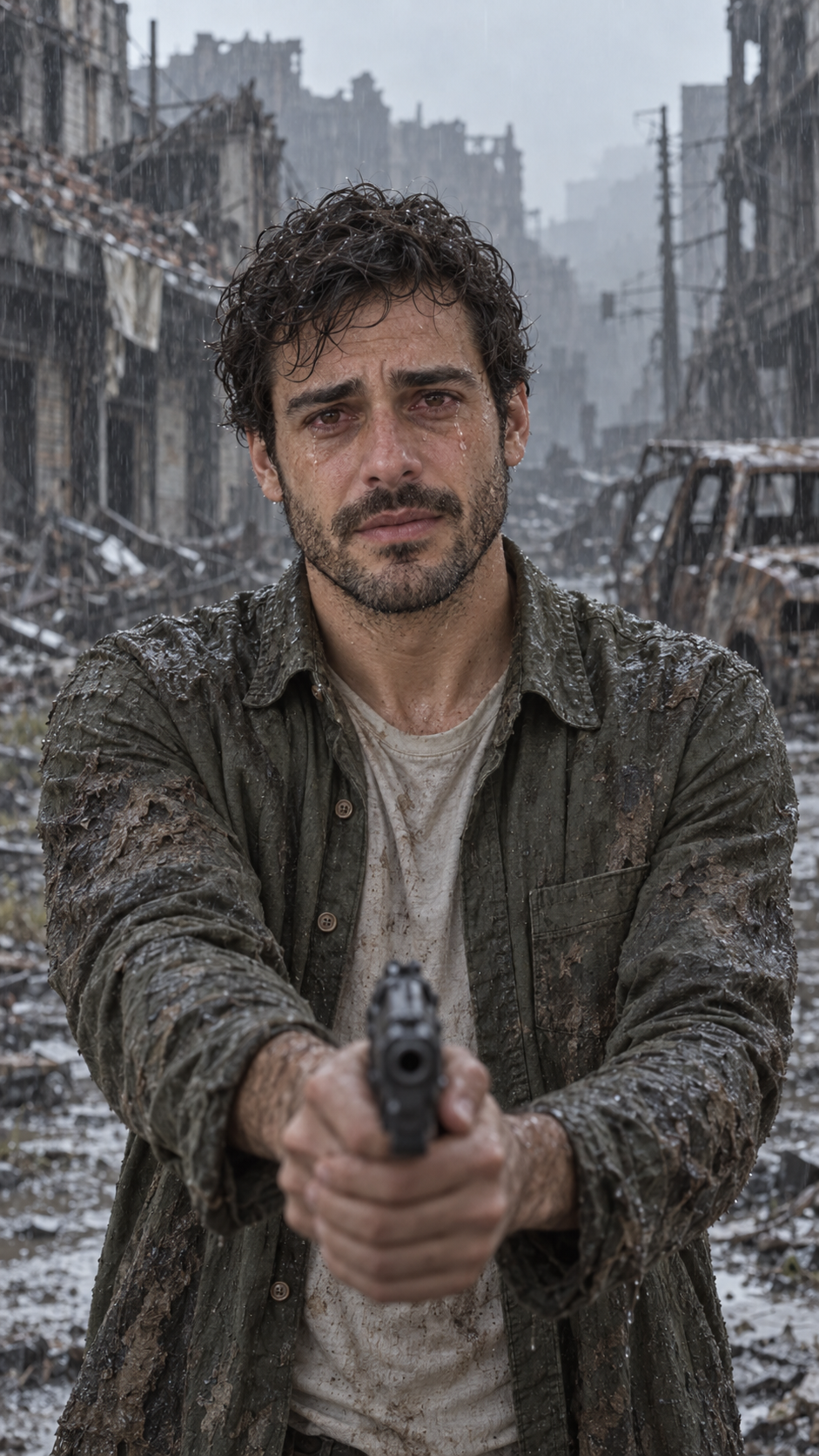 Prepared AI-created man reference in the ruined city with a raised pistol
