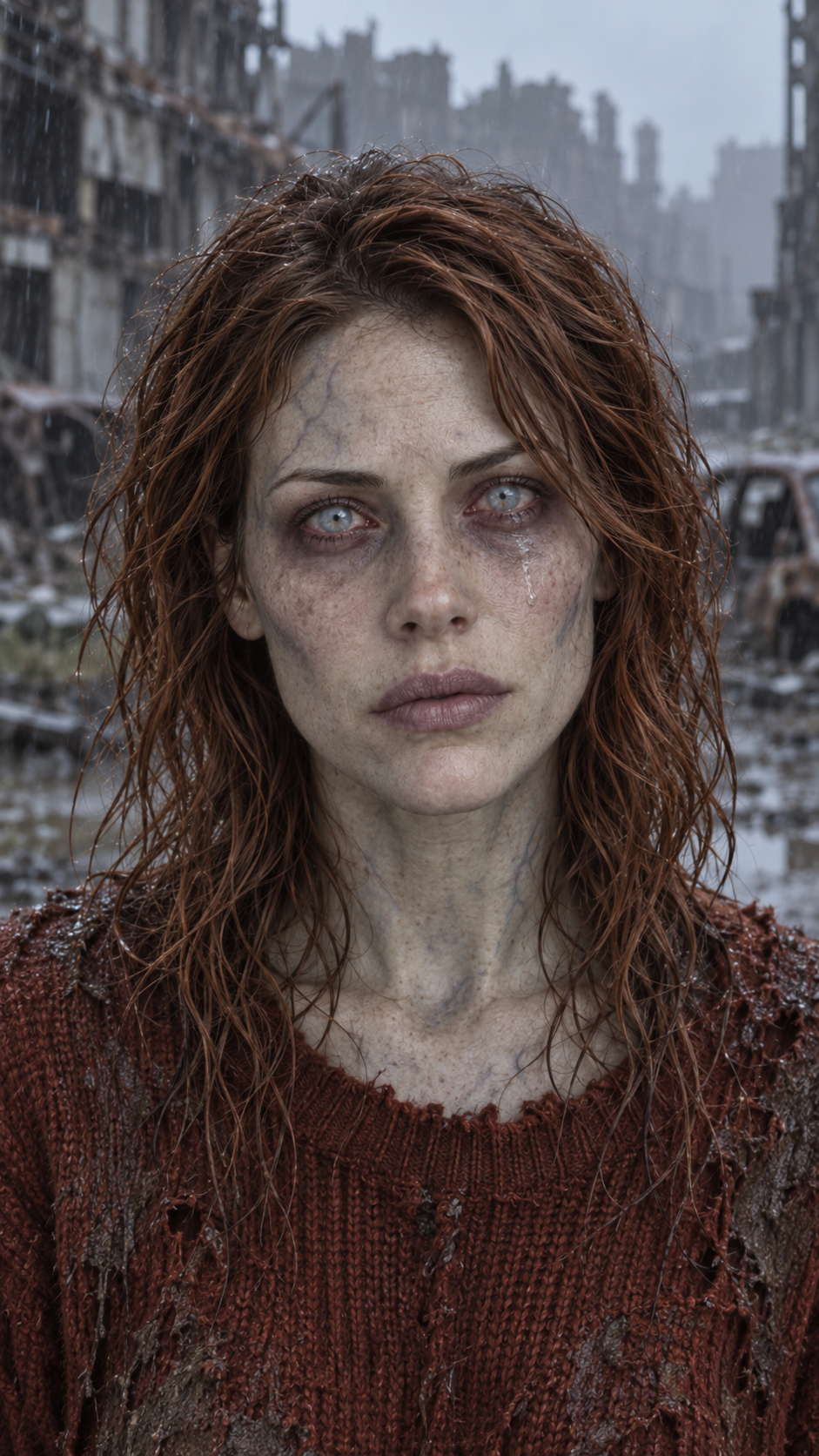 Prepared AI-created adult zombie woman reference with closed mouth and pale eyes