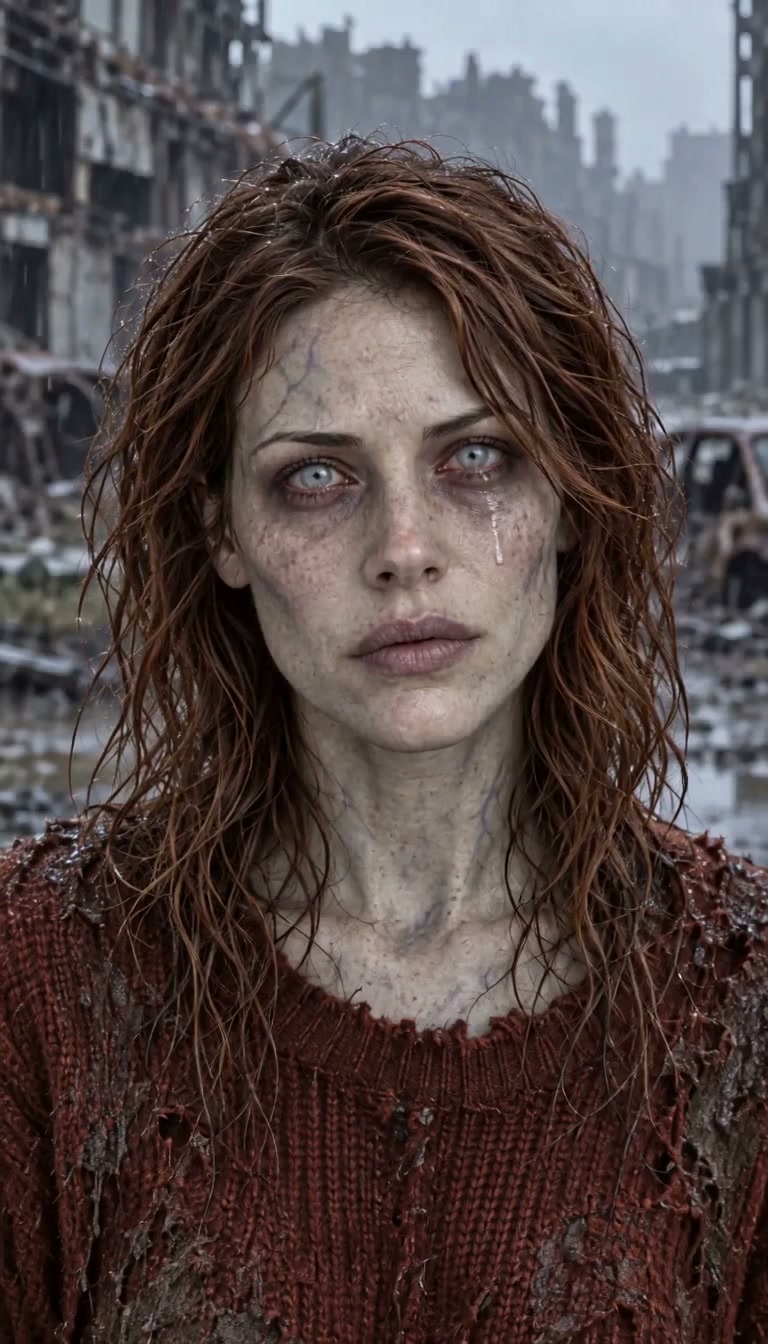 Fictional adult zombie woman in the ruined city, from our edited showcase