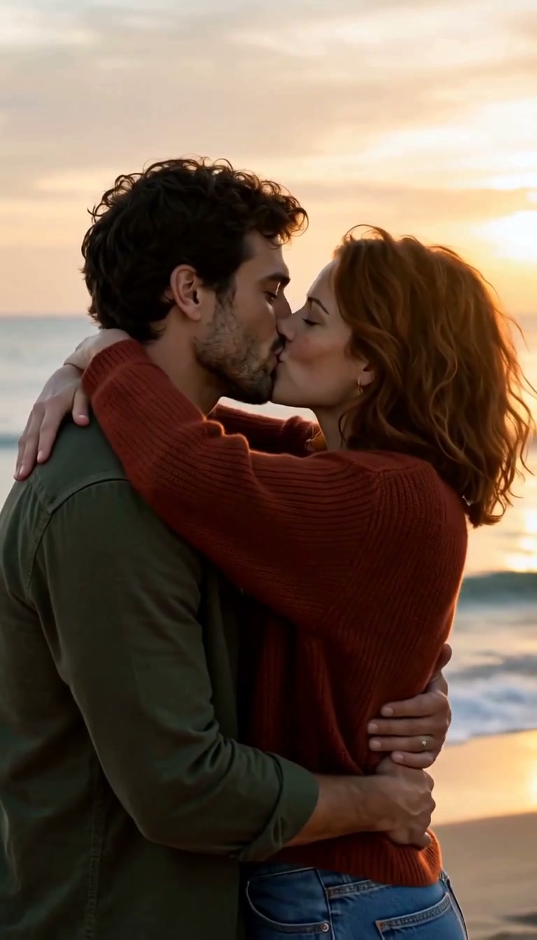 The same fictional couple kissing on the beach in an earlier memory, from our edited showcase